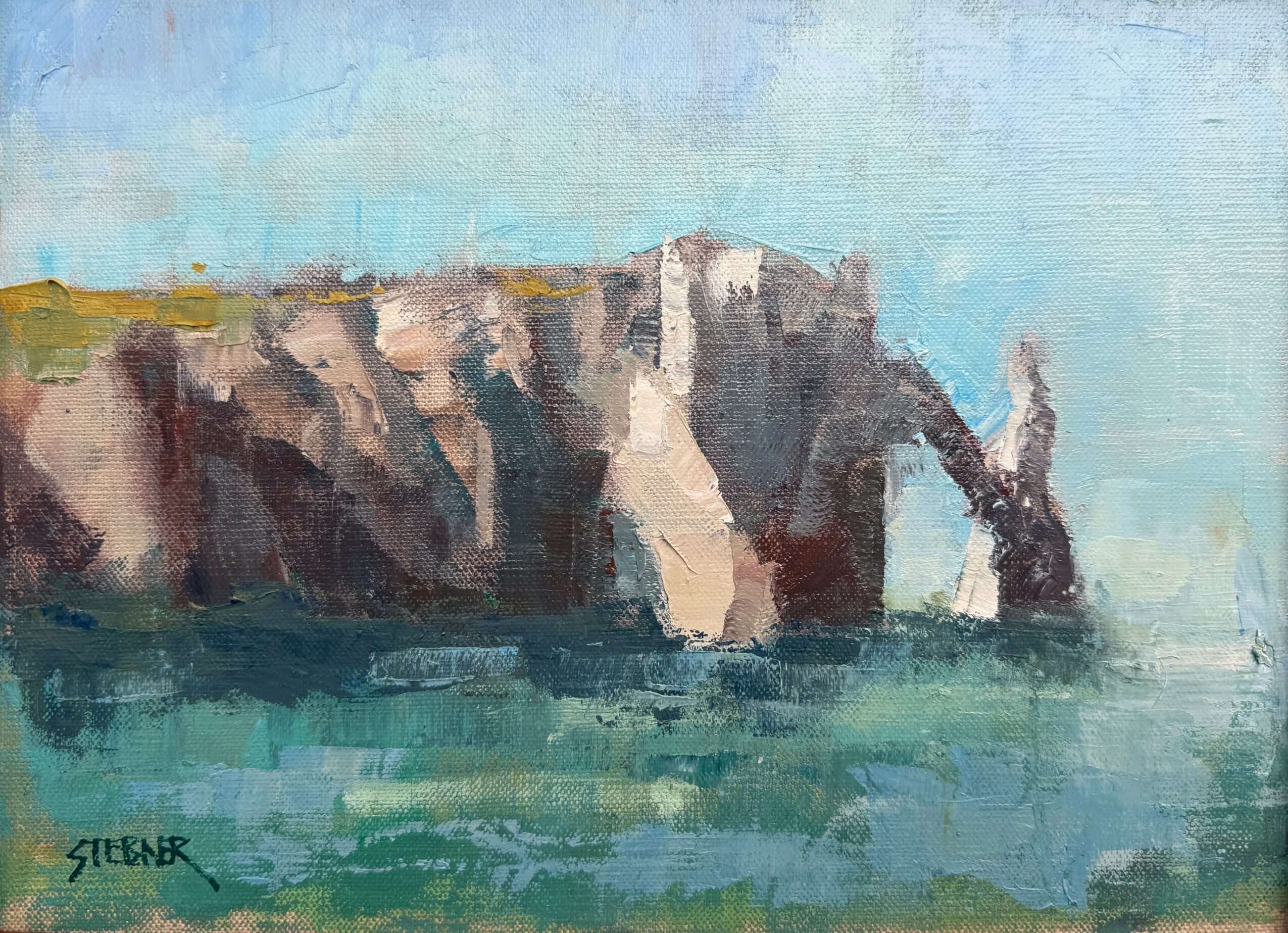 Cliffside landscape with white and brown rocks, blue sky, and green water, painted in an impressionistic style.