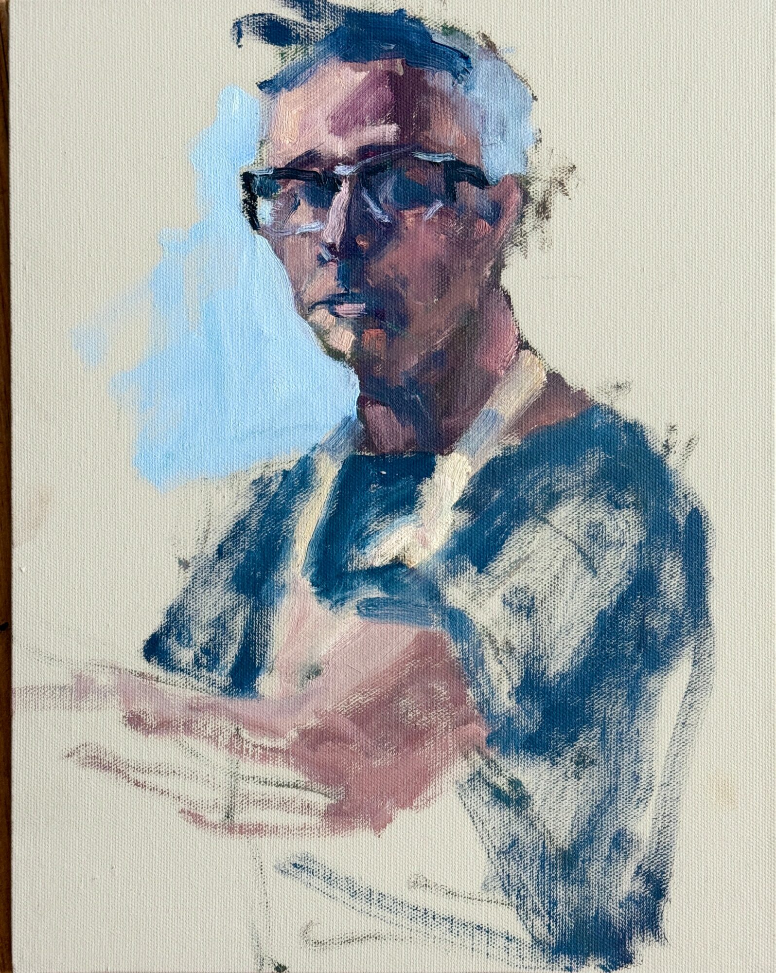 Portrait of a person with glasses, short hair, and a serious expression, holding a book or paper, painted in an impressionistic style.