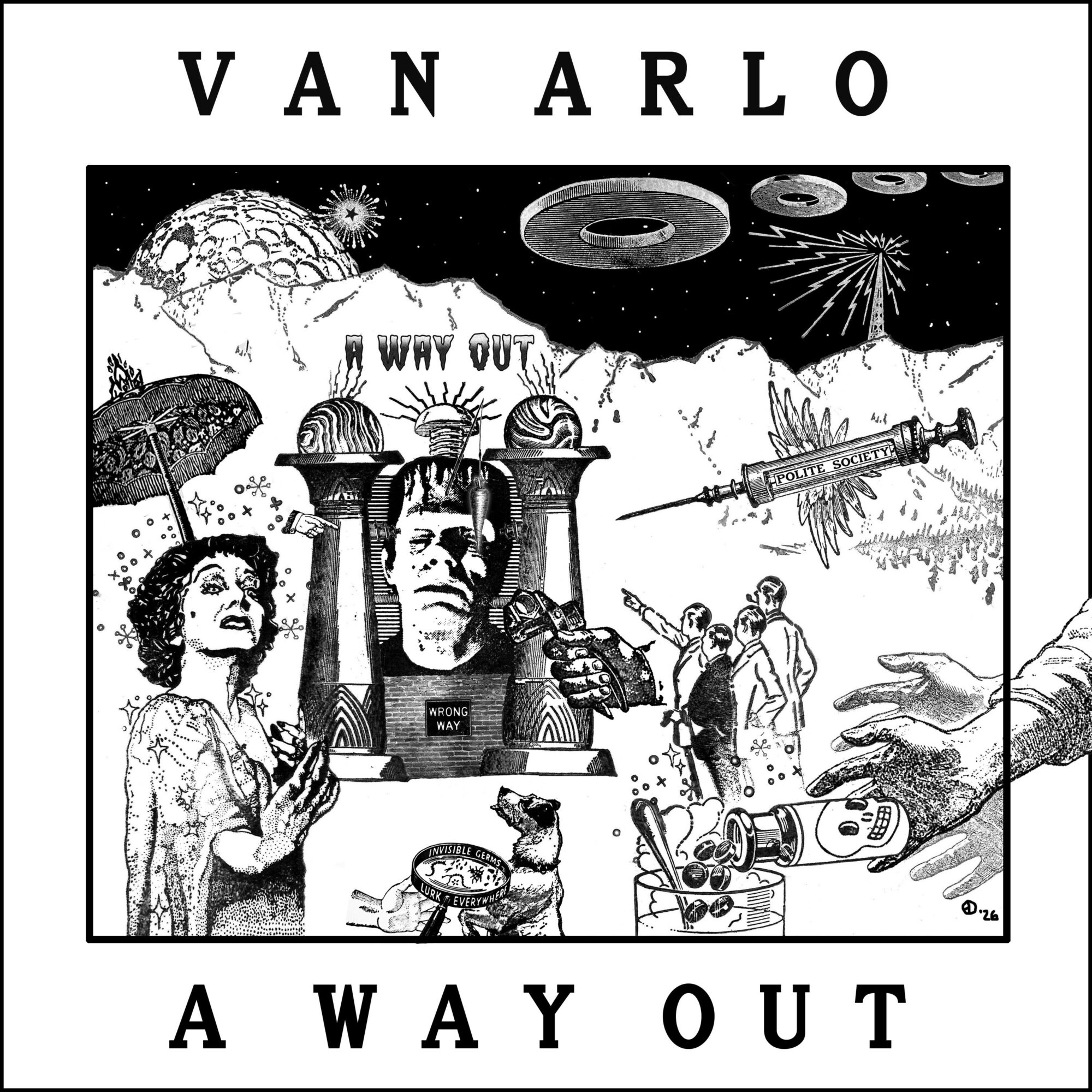 Black and white illustration with a woman, a man, and various objects, including a syringe and UFOs, with text above and below.