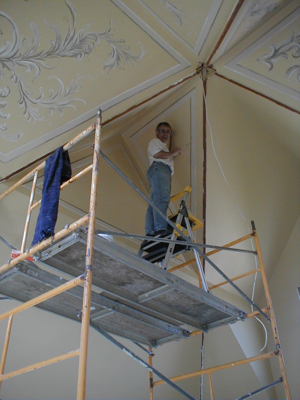 Person standing on scaffolding working on ceiling with decorative patterns, ladder nearby, in a room with ornate ceiling design.