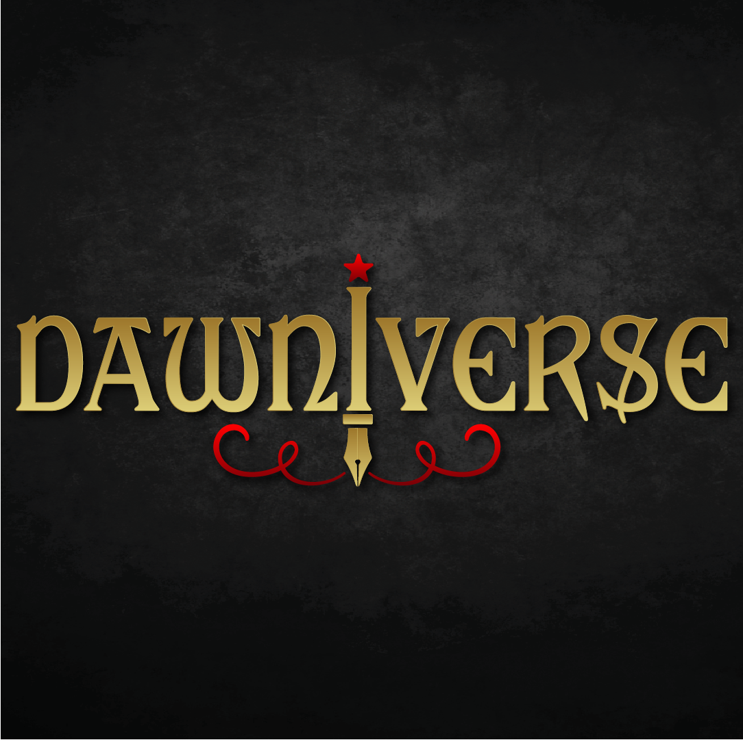 Text reads 'DAWNIVERSE' with a red star, sword, and decorative red swirls on a dark background.