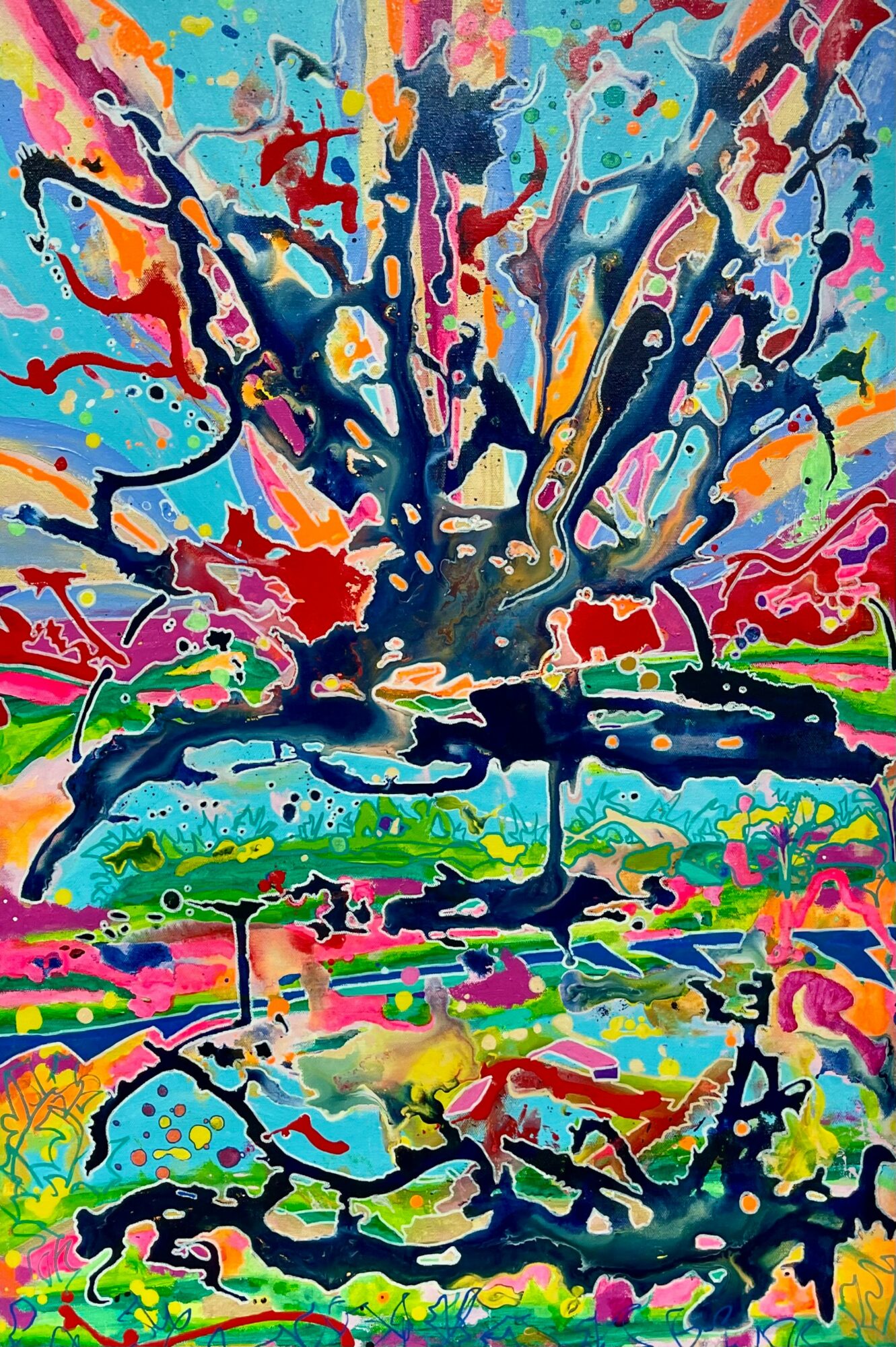 Abstract colorful painting with splashes and drips of paint, resembling a tree with branches and reflections, vibrant and dynamic.