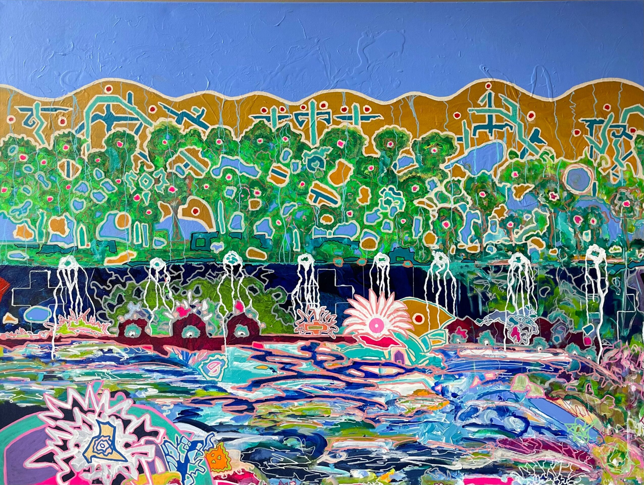 Colorful abstract landscape with trees, water, and a bright sun, featuring vibrant patterns and shapes.