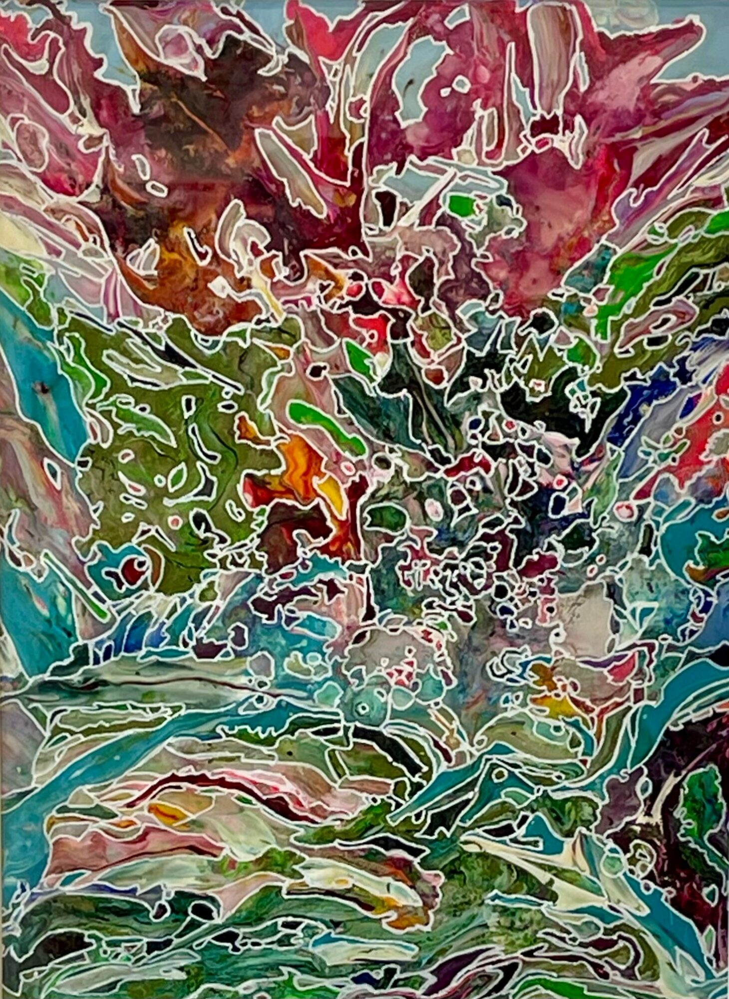 Abstract colorful painting with swirling patterns and vibrant hues of pink, green, blue, and brown.