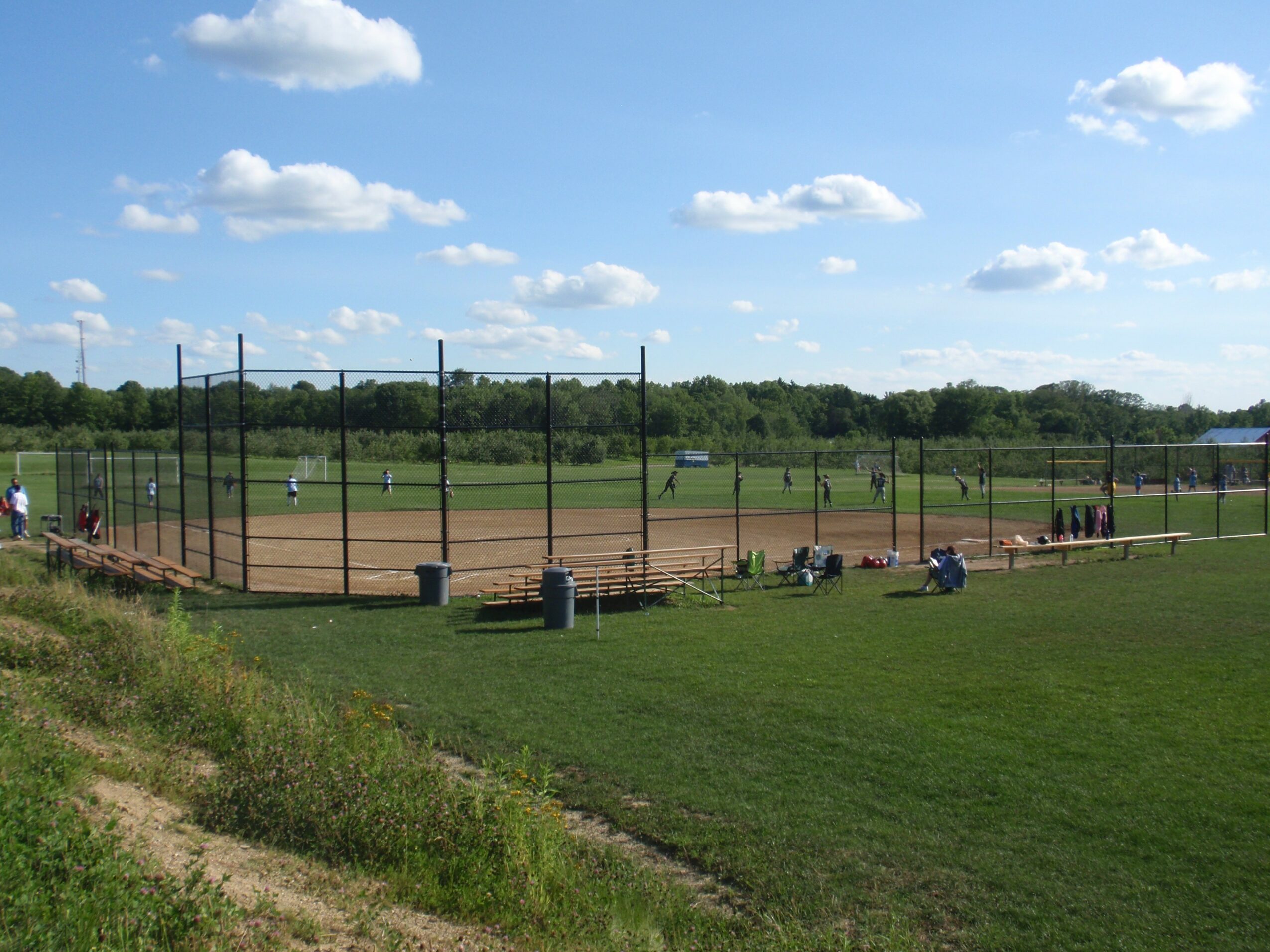 Baseball field with players, spectators, and a grassy area under a blue sky with clouds.