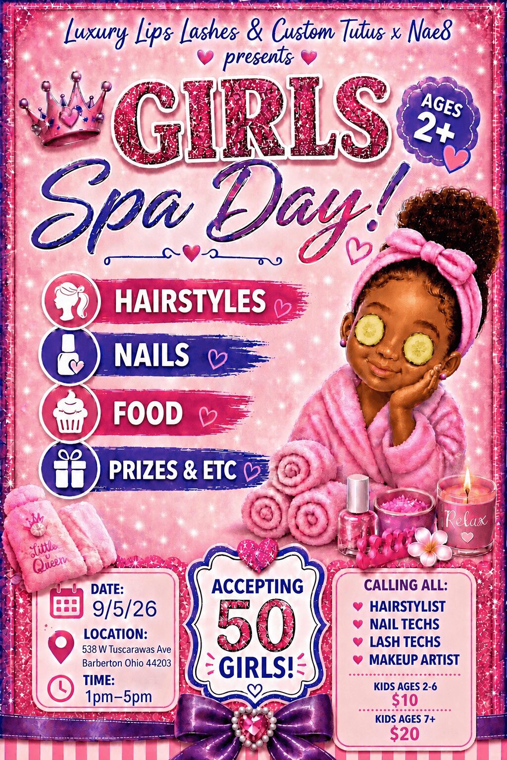Young girl with a pink towel and headband, holding a mirror, surrounded by spa items, pink background, and event details.