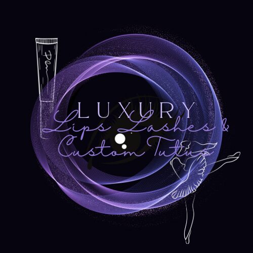 Graphic with purple swirling lines, a lip gloss tube, and text about luxury lashes and custom tulips, on a black background.