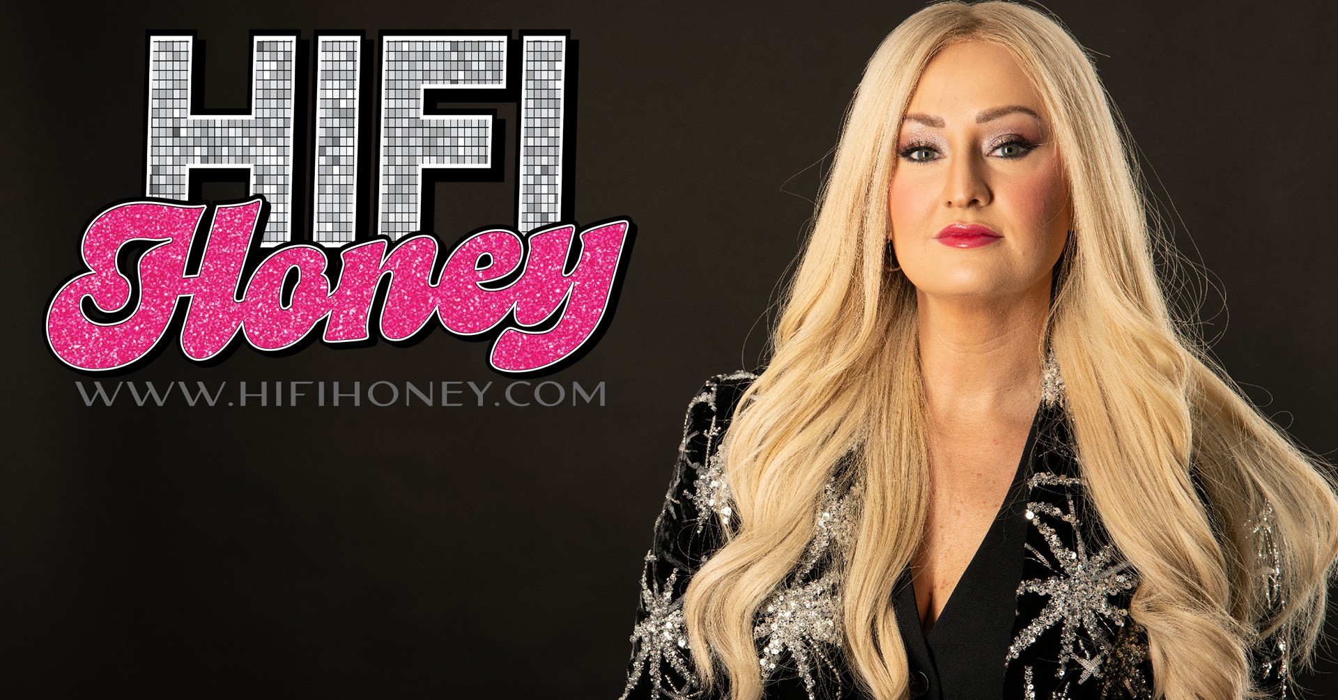 Woman with long blonde hair and red lipstick, wearing a black and silver jacket, standing next to a logo that says 'HIFI Honey'.