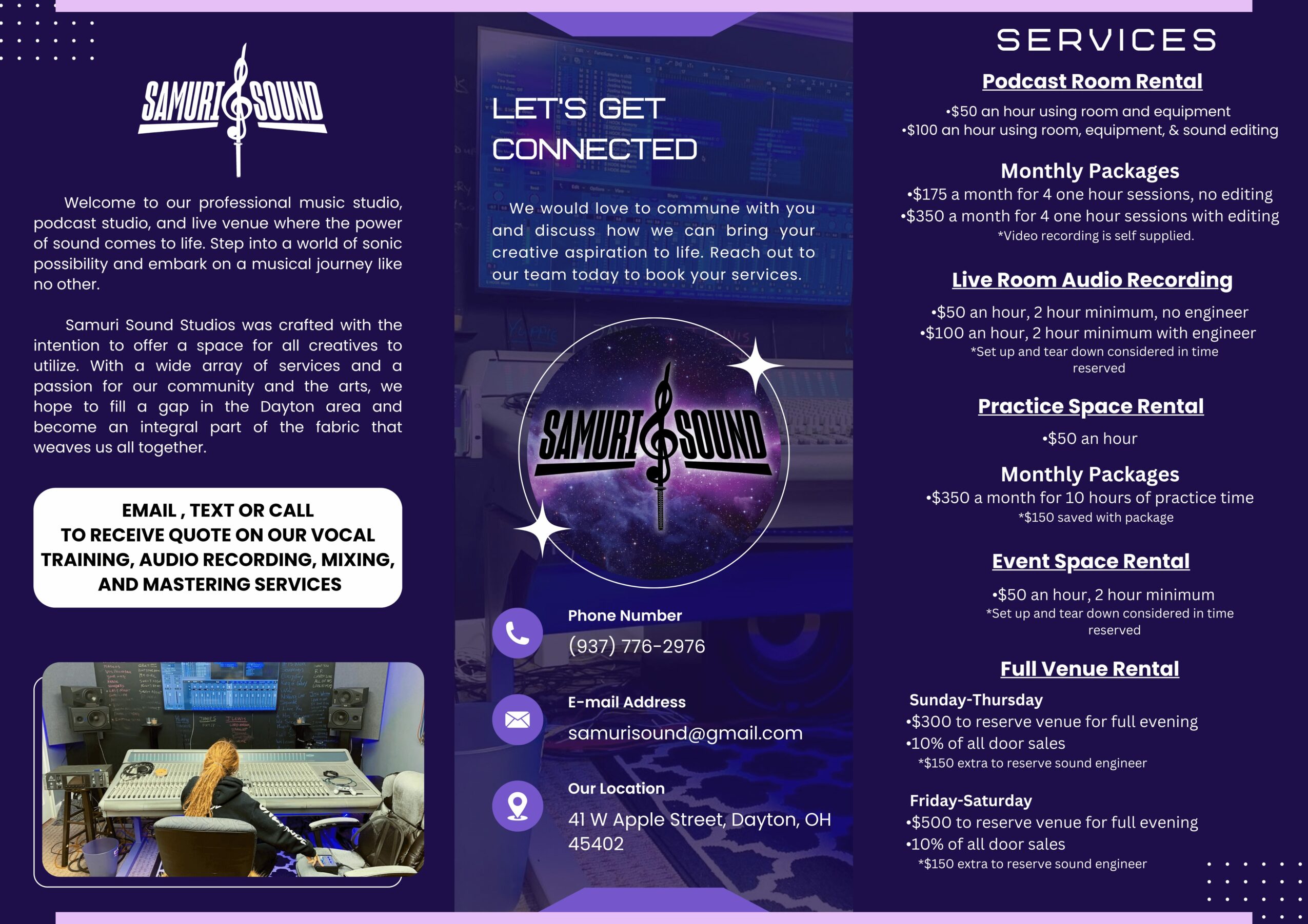 Purple and blue flyer for Samur Sound services, including contact info, event rental, and packages, with a person working at a desk.
