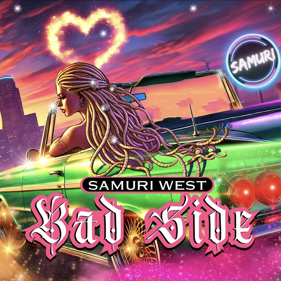A person with long braided hair leaning on a green car with neon lights, city skyline, heart-shaped fire, and colorful sky in background.