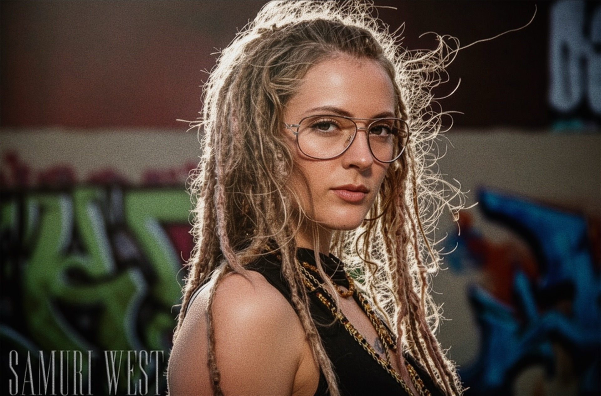 Young woman with glasses and curly hair looks at camera, graffiti background, sunlight highlights hair, serious expression.
