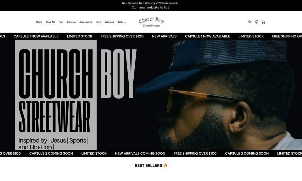 Close-up of a person wearing glasses and a cap, with text about Church Boy Streetwear on a website banner.