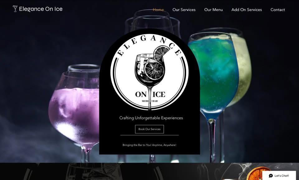 Three colorful cocktails in glasses on a dark background, with a logo in the center reading 'Elegance on Ice'.