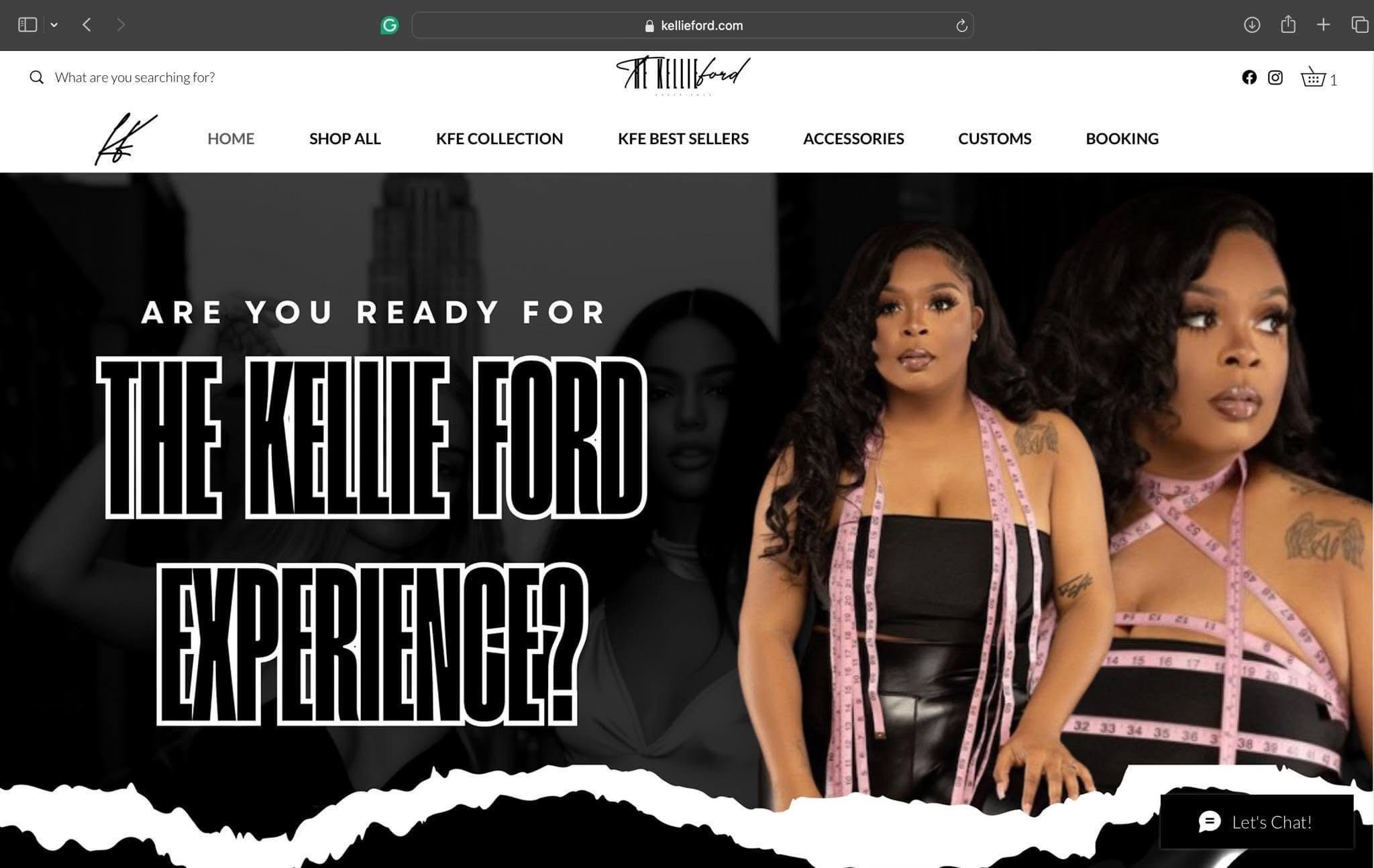 Website homepage featuring a woman with long curly hair, wearing a black and pink outfit, promoting the Kellie Ford experience.