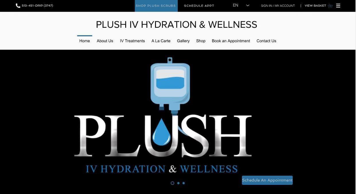 Website homepage for Plush IV Hydration & Wellness with logo and menu options.