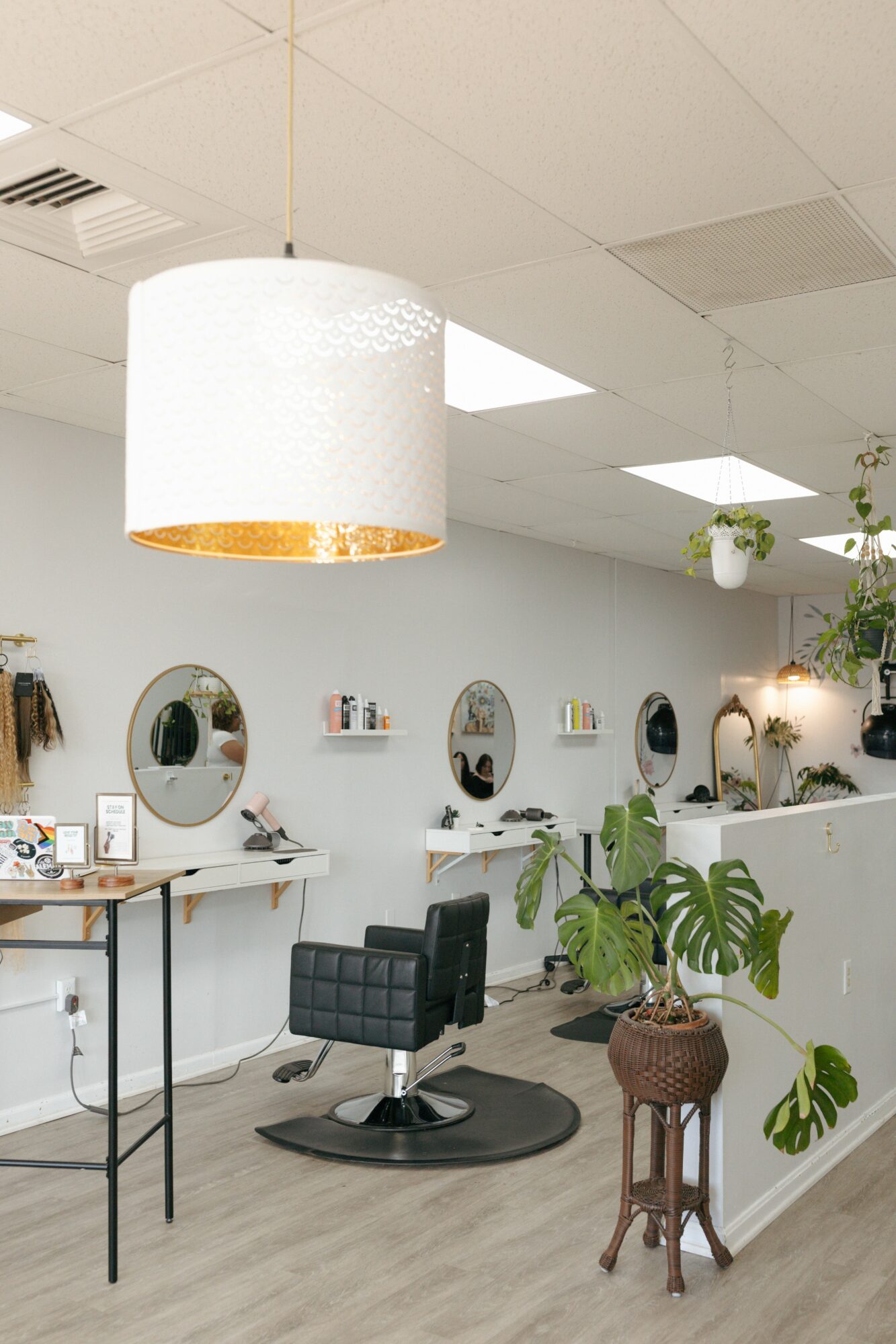 Salon interior with mirrors, chairs, plants, and a white ceiling with ceiling tiles.