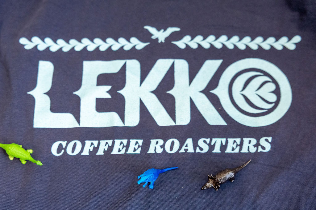 Logo with text 'LEKKO Coffee Roasters' and decorative elements on a dark background.