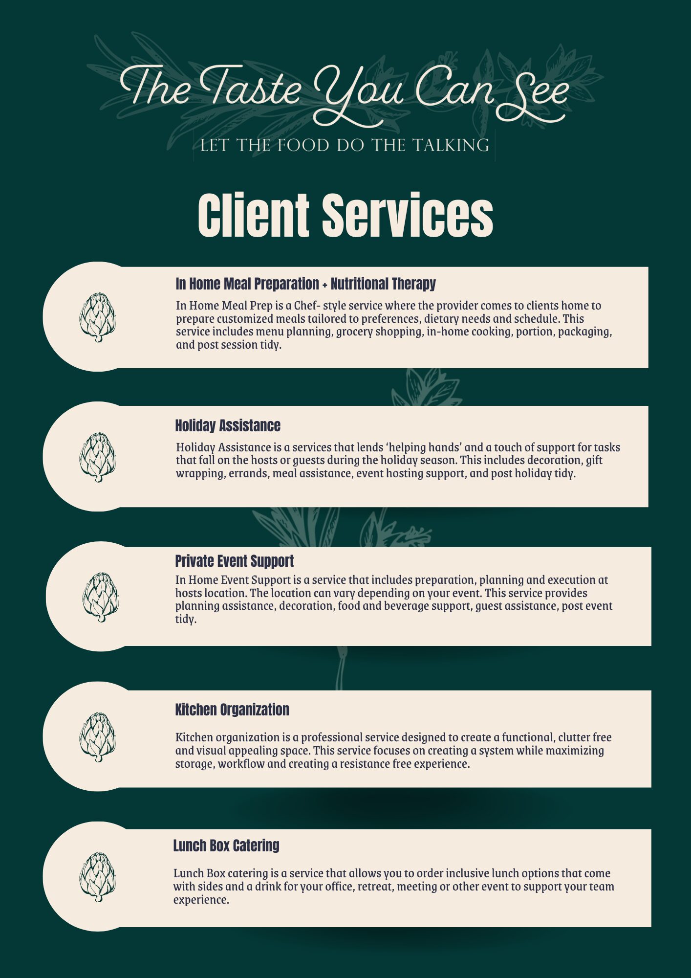 A flyer titled 'The Taste You Can See' promoting client services, including in-home meal prep, holiday assistance, private event support, kitchen organization, and lunch box catering, with icons for each service.