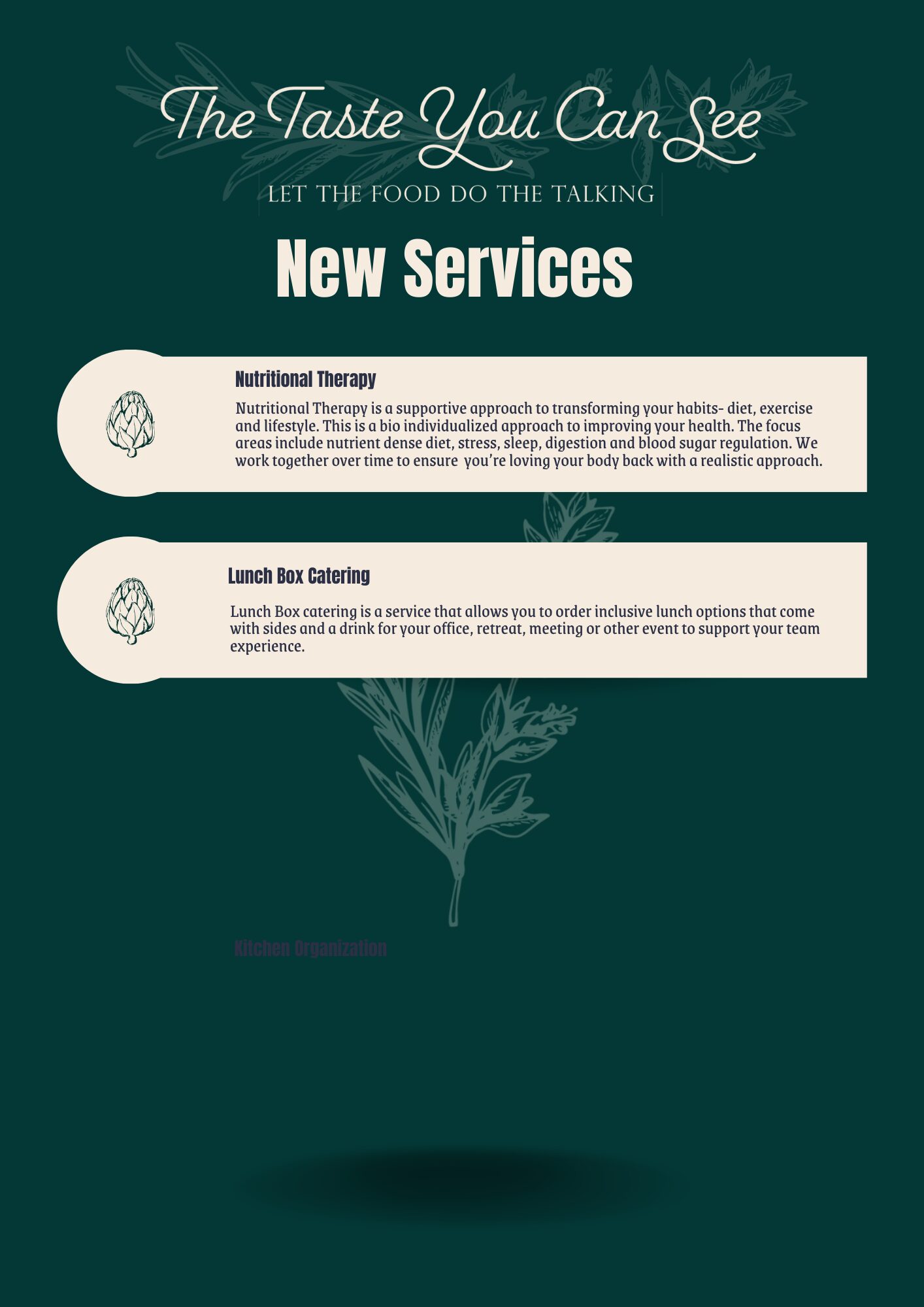 Menu with the title 'The Taste You Can See' and 'New Services' listing nutritional therapy and lunch box catering, with a plant illustration.