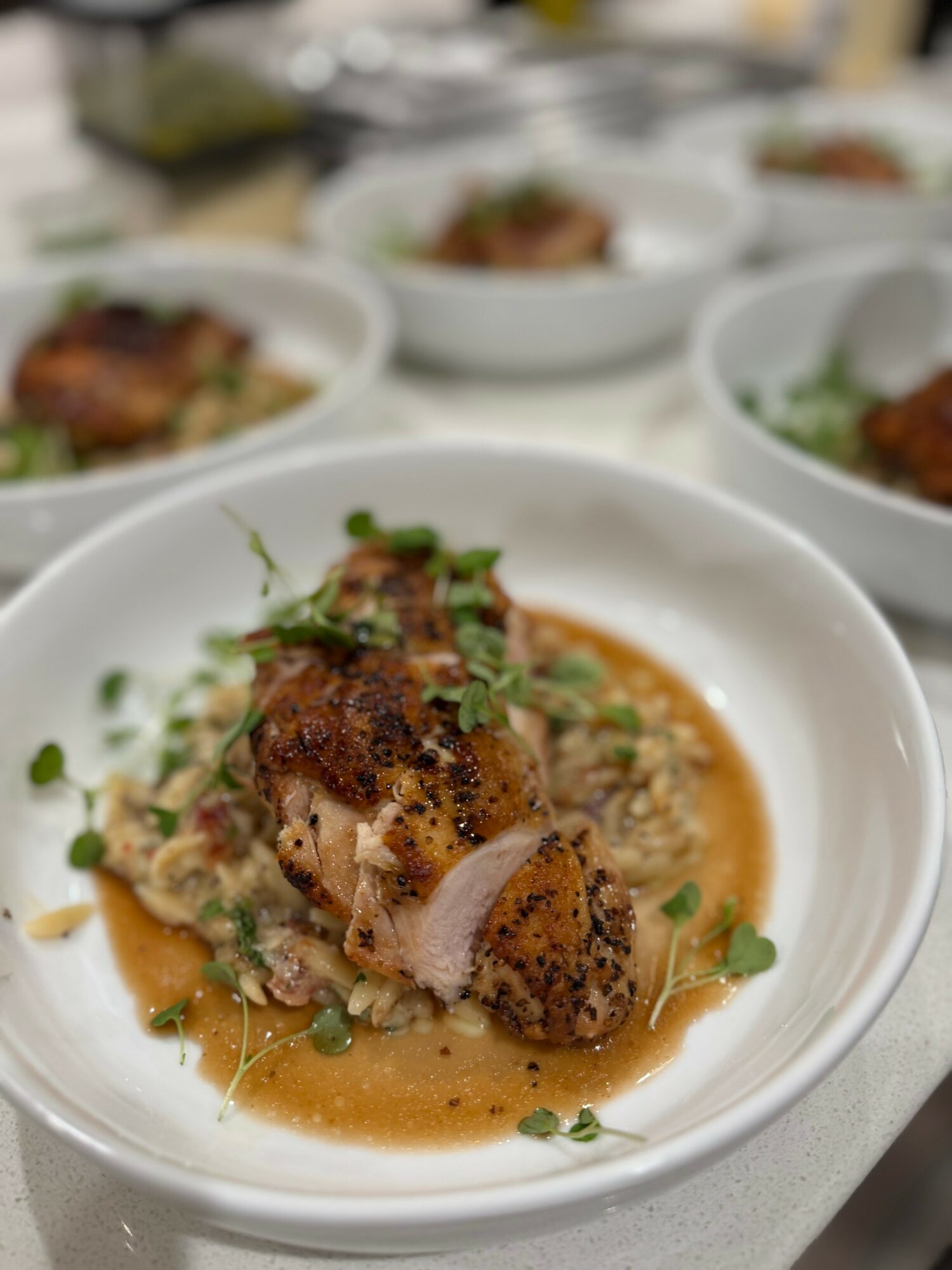 Close-up of a plated dish with seasoned meat, garnished with herbs, served over rice and sauce in a white bowl.