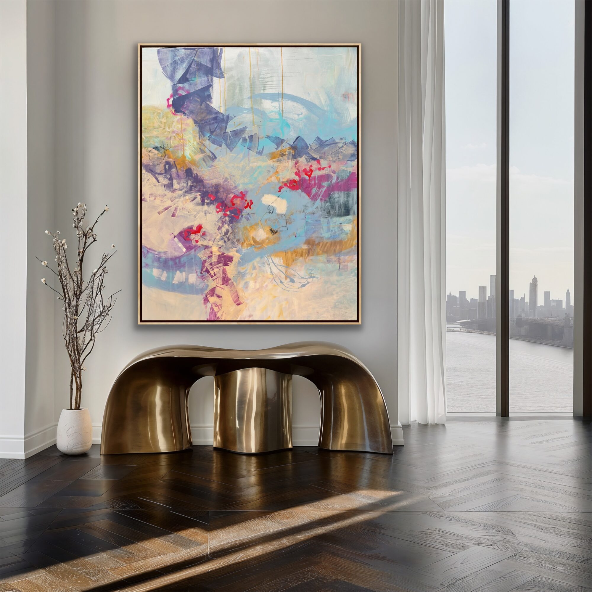 Interior with abstract painting, metallic bench, and a tall vase with branches, near large window with city view.