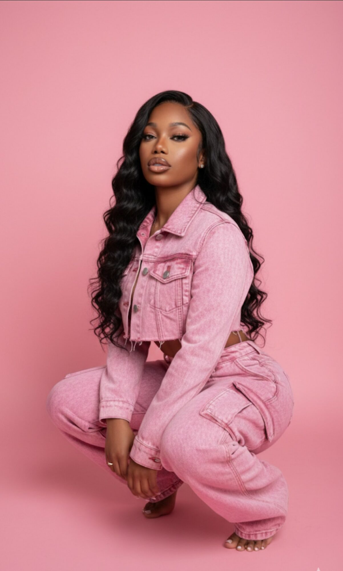 Woman with long wavy hair in pink outfit squatting against pink background.