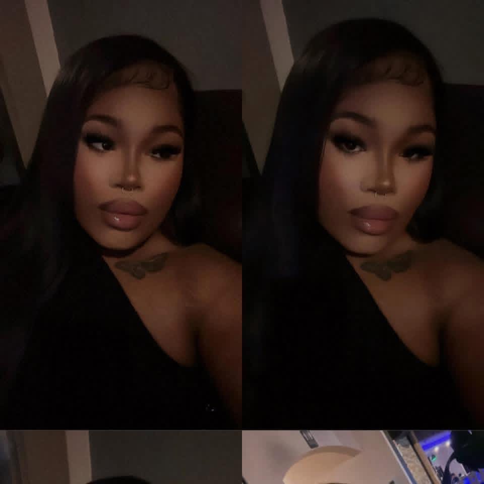 Two nearly identical selfies of a woman with long dark hair, makeup, and a tattoo on her chest, taken in a dimly lit environment.