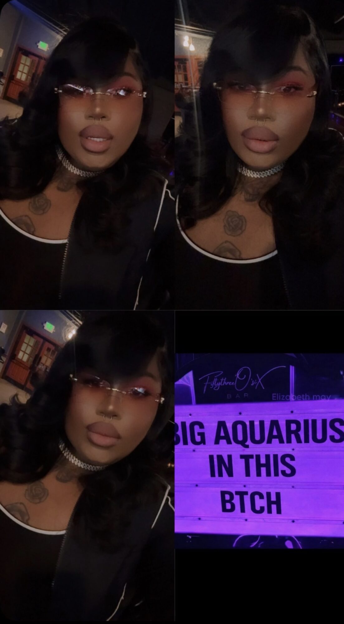 Person with dark hair and glasses in three photos, and a sign reading 'BIG AQUARIUS IN THIS BTCH' in purple and black.