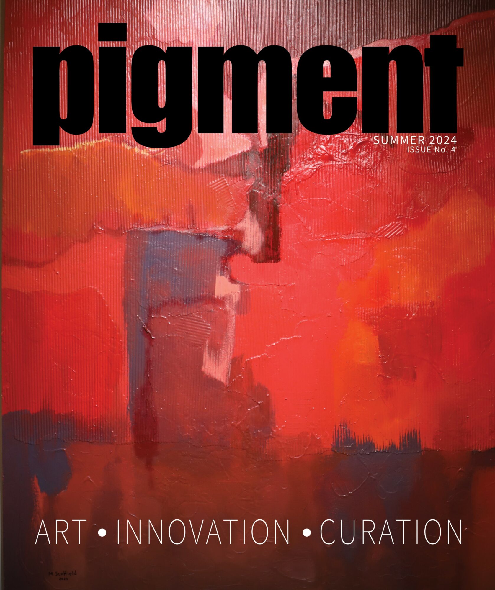 Abstract painting with red, orange, and dark gray colors, with the word 'pigment' in bold black at the top.
