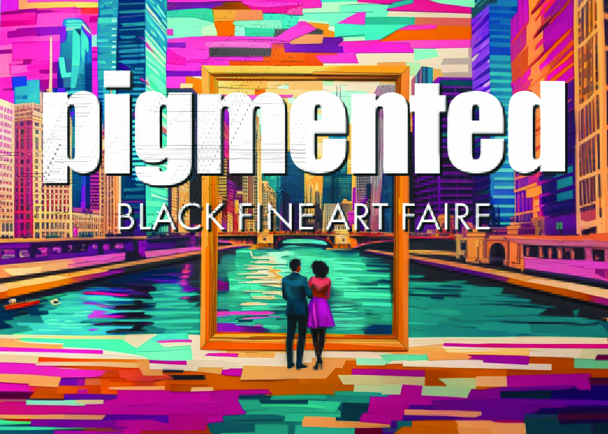 Colorful cityscape with two people looking at a framed artwork over water, with large white text reading 'pigmented' and smaller text below.