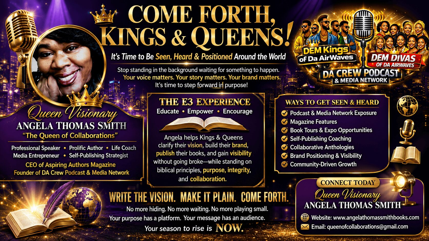 Promotional poster for Queen Dictionary featuring Angela Thomas Smith, with text about kings, queens, and a podcast, and images of microphones and a woman.