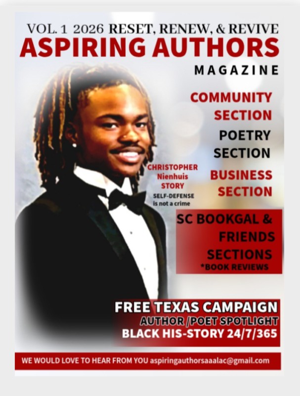 Magazine cover featuring a smiling person with dreadlocks, text about authors, community, poetry, business, and book reviews, email contact.