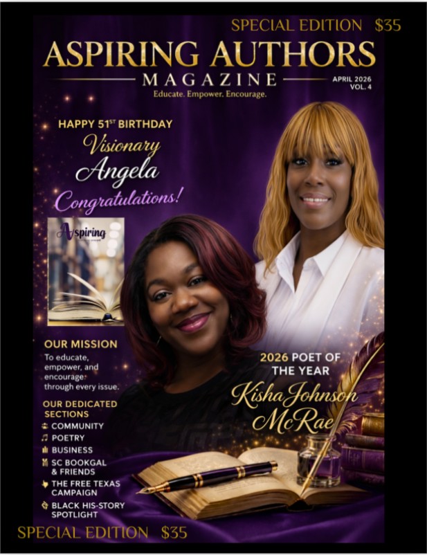 Two women smiling, one with dark hair and the other with blonde hair, holding a book, on a purple background with magazine text.