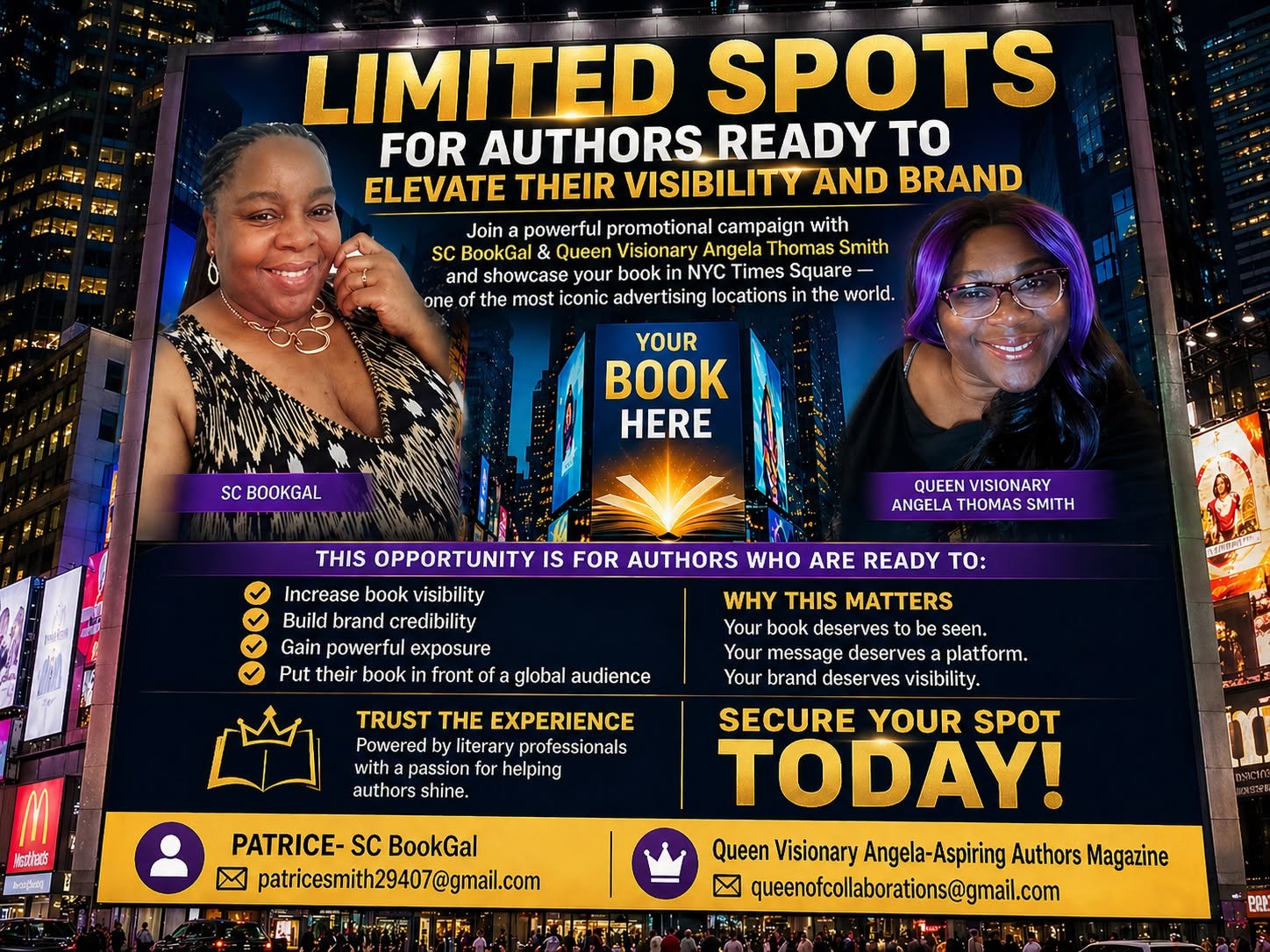 Two women smiling, promotional banner for authors' visibility and branding, with book and magazine logos, and text about opportunities.