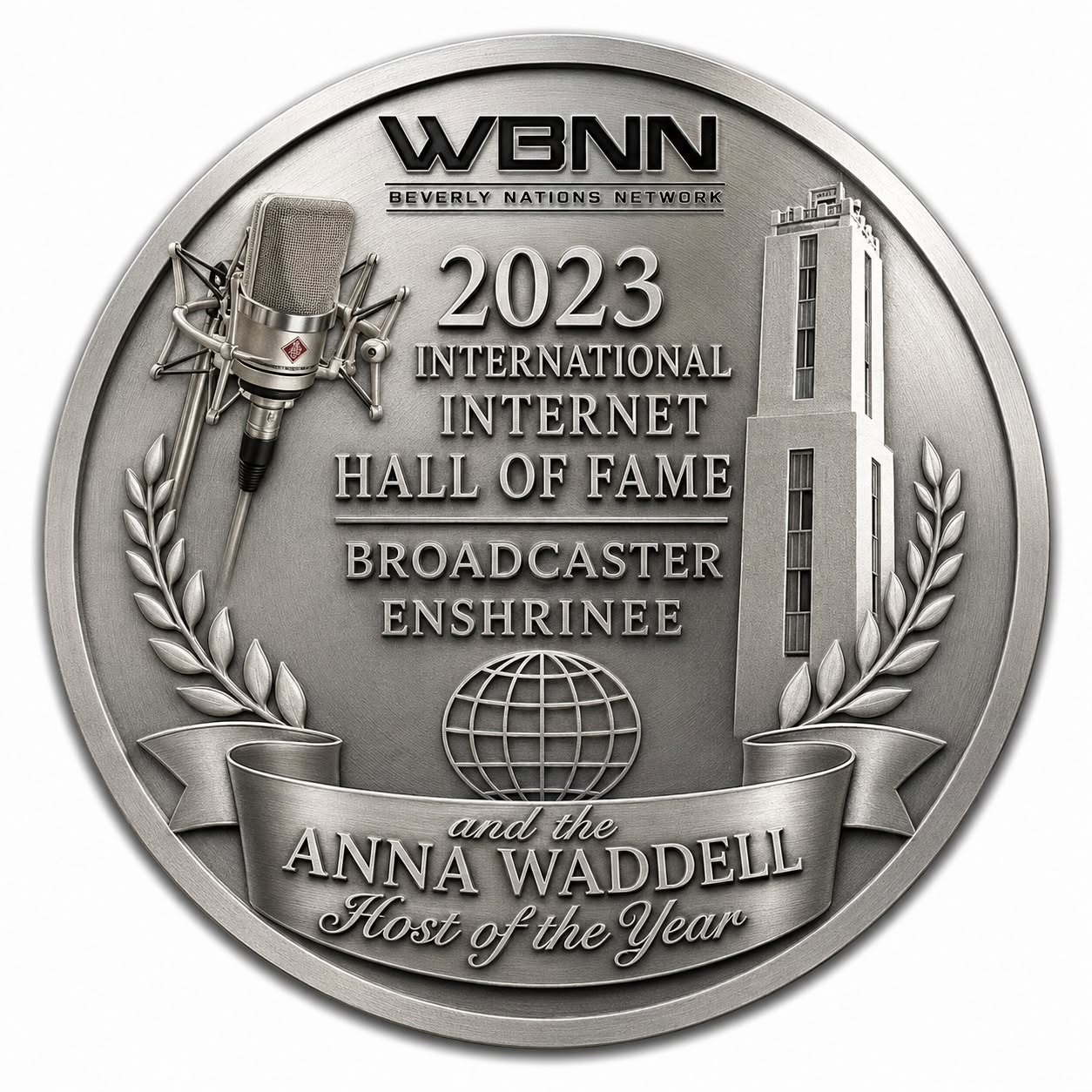 Silver commemorative coin with microphone, building, globe, laurel branches, and text about 2023 Internet Hall of Fame and Anna Waddell.