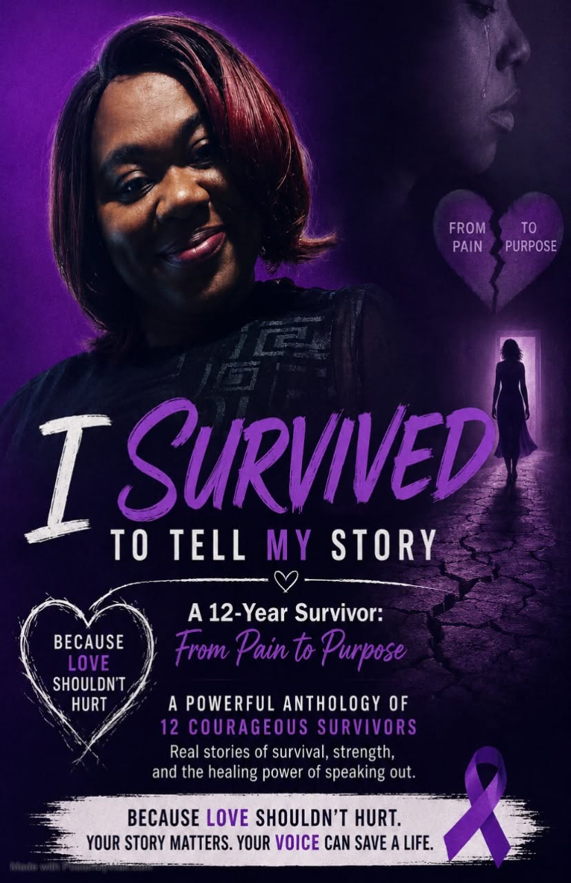 Portrait of a woman with short hair, smiling, with a dark background and purple text about surviving and sharing stories.