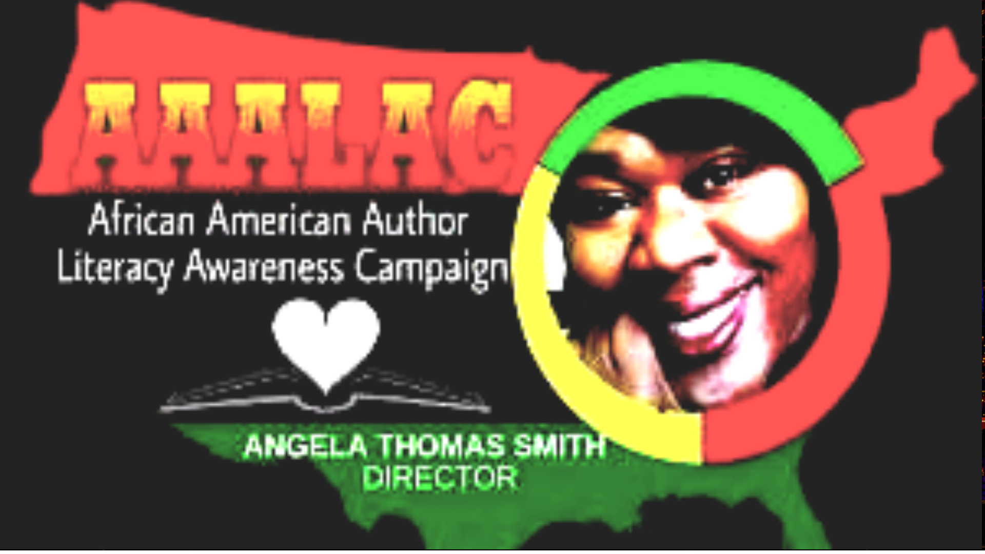 Logo with text, a map outline, and a smiling woman's face, promoting African American author literacy awareness campaign.