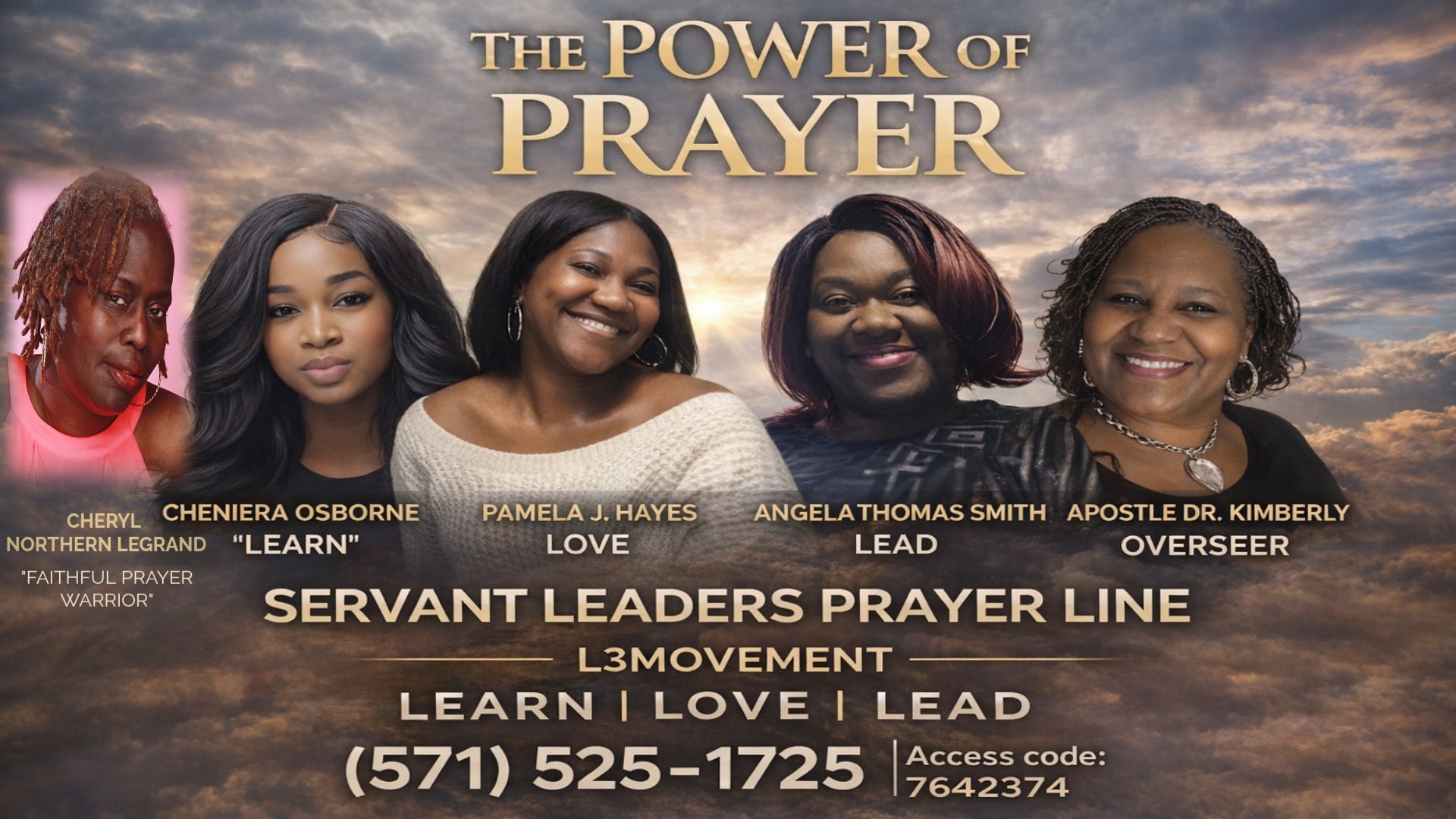 Group of five women smiling in front of a sunset sky, with text about prayer and leadership, and a phone number.