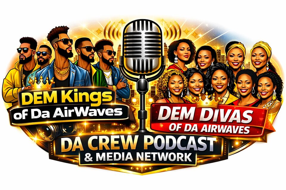Group of men and women with microphones, text about Dem Kings, Divas, and podcast, colorful background, lively scene.