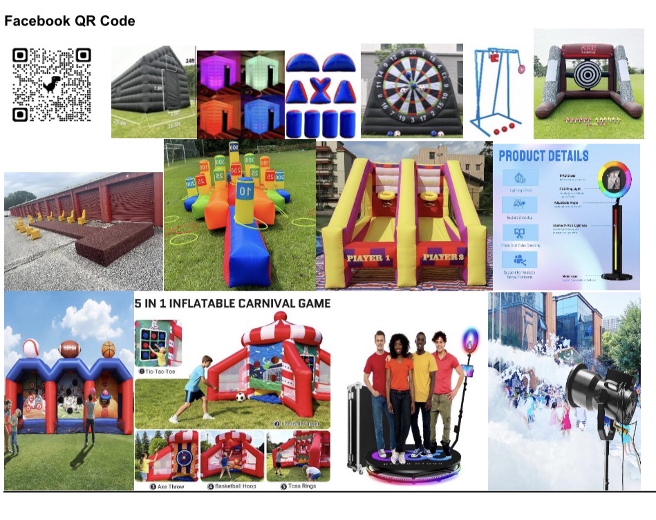 Collage of carnival games and inflatable rides, including a dart game, inflatable obstacle course, and group of children playing.