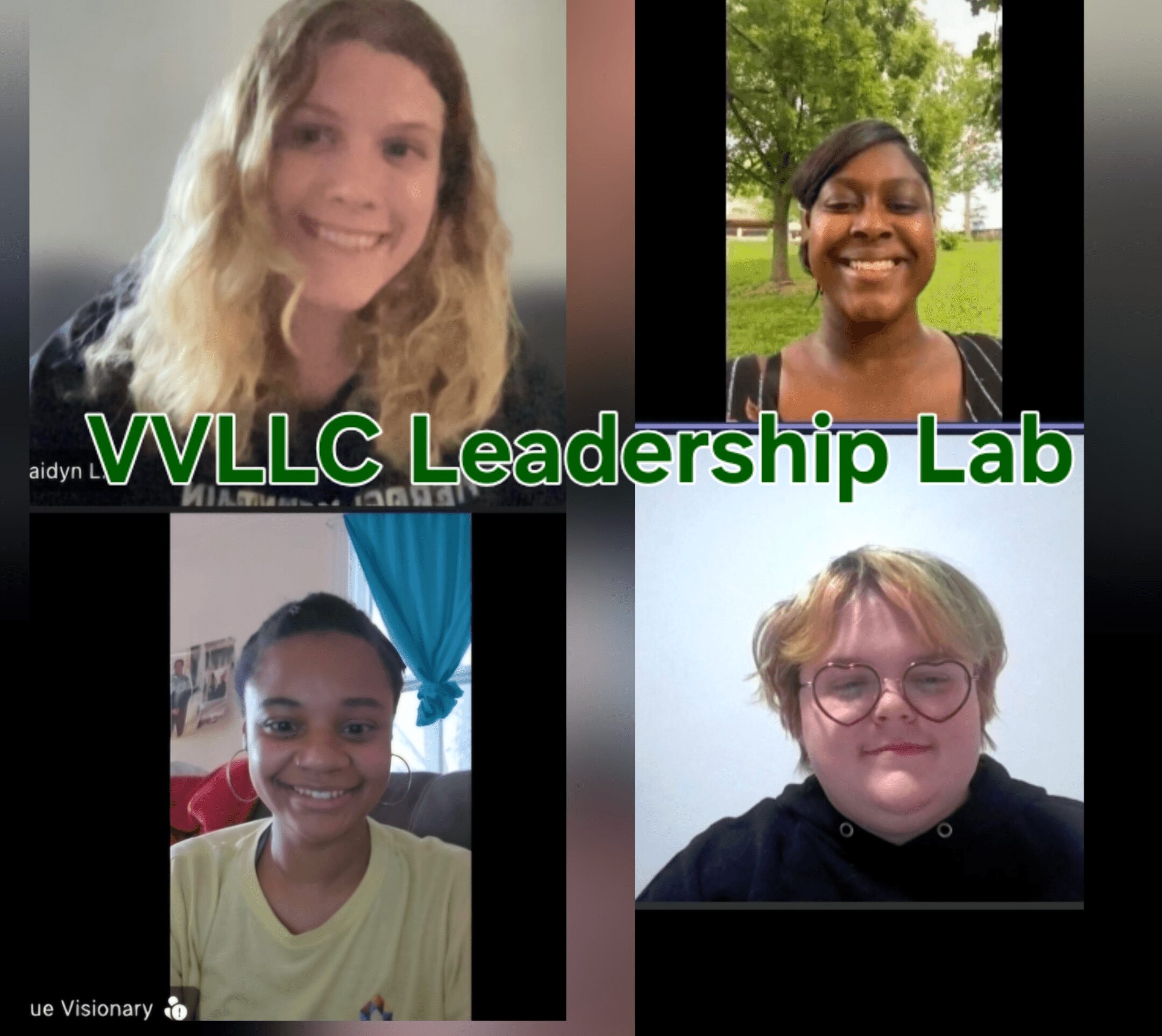 Four people in a virtual meeting, with text 'VLLLC Leadership Lab' below. Each person is smiling, in different backgrounds.