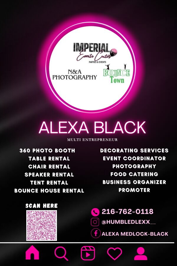 Business card with pink and white design, featuring contact info, services, and social media handles, for Alexa Black, multi-entrepreneur.