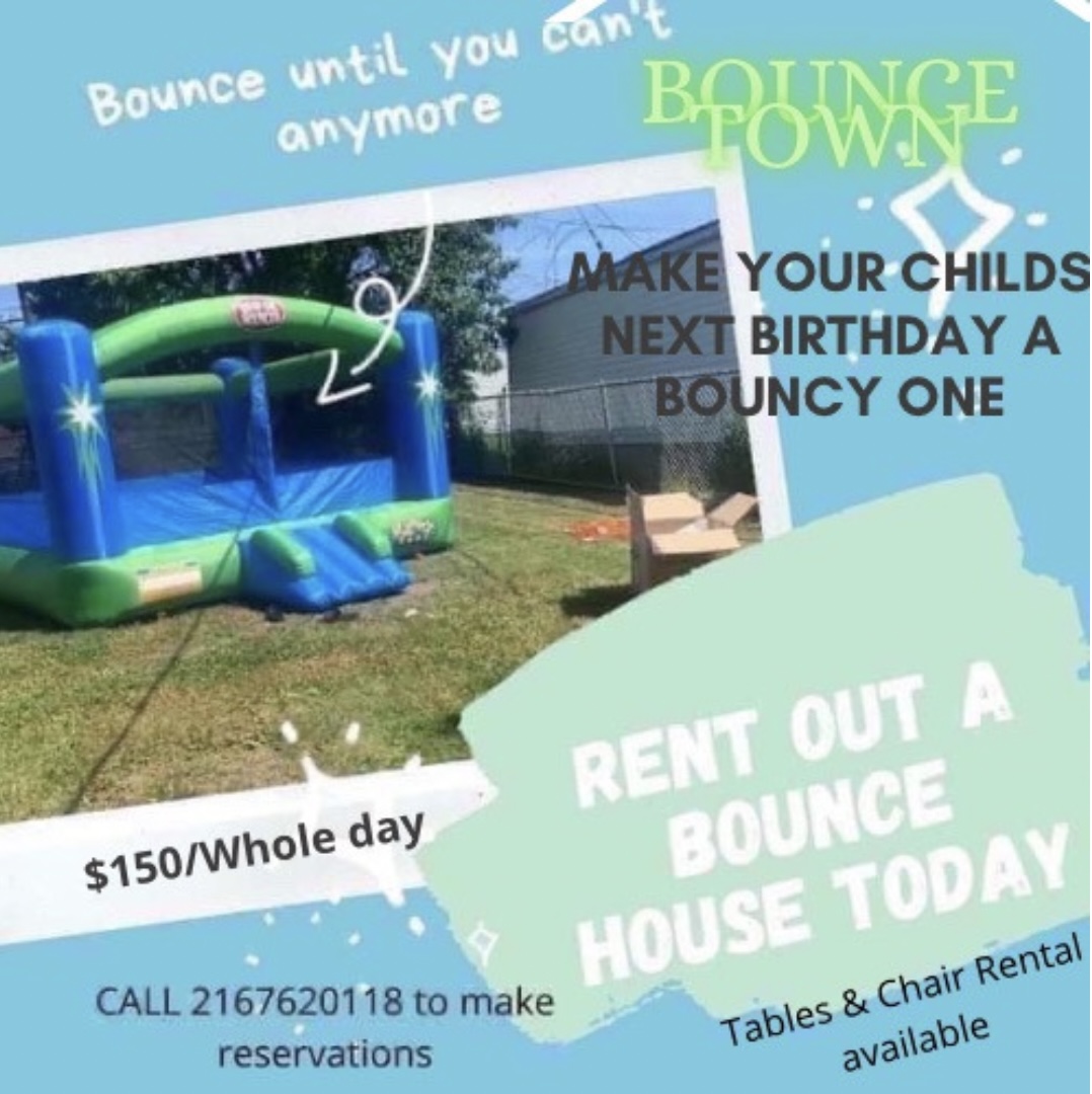 Inflatable bounce house on grass with text about renting for a birthday party, contact number, and pricing details.