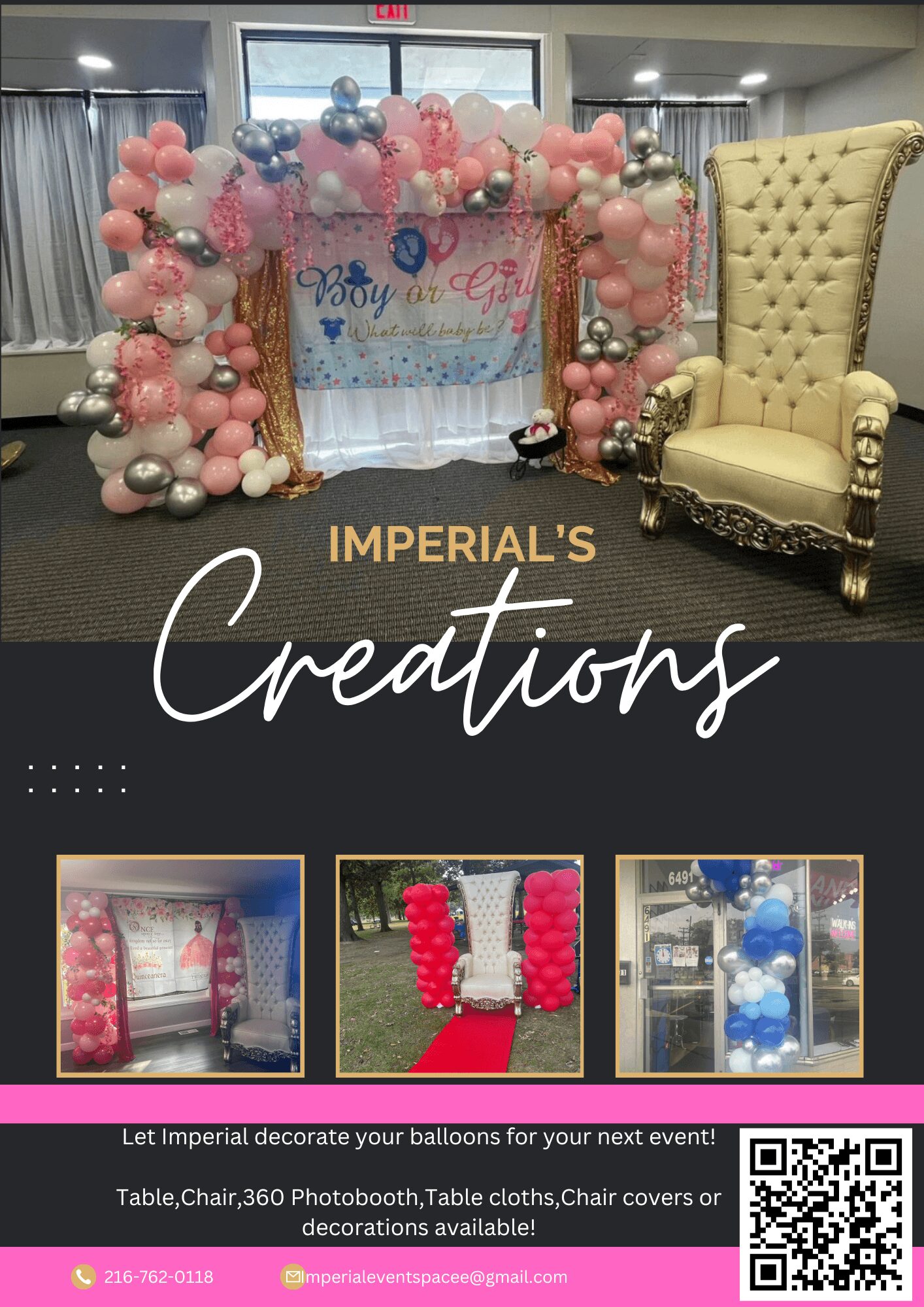 Decorative balloon arch with pink, silver, and purple balloons, a banner, and a yellow throne chair for a celebration.