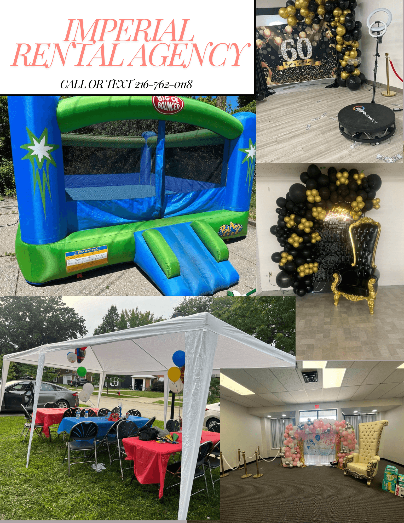 Collage of images including an inflatable bounce house, a robot vacuum, a decorated balloon arch, a decorated chair, and a party setup with tables and chairs under a tent.