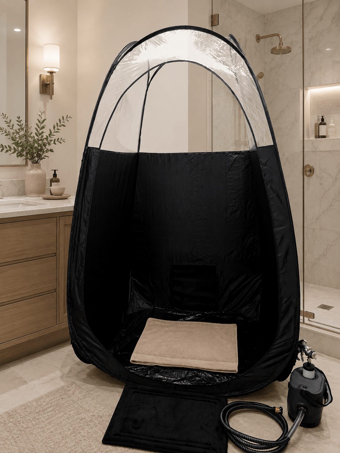 Indoor shower tent with a beige mat inside, set in a bathroom with a shower, sink, and plant, illuminated by wall lights.