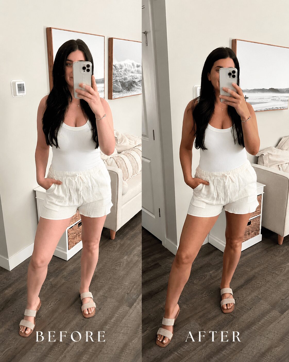 Side-by-side photos of a woman taking mirror selfies, wearing a white tank top and shorts, in a living room. Image shows before and after editing.
