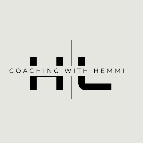 Logo with text 'Coaching with Hemmi' and abstract black shapes, on a light background.