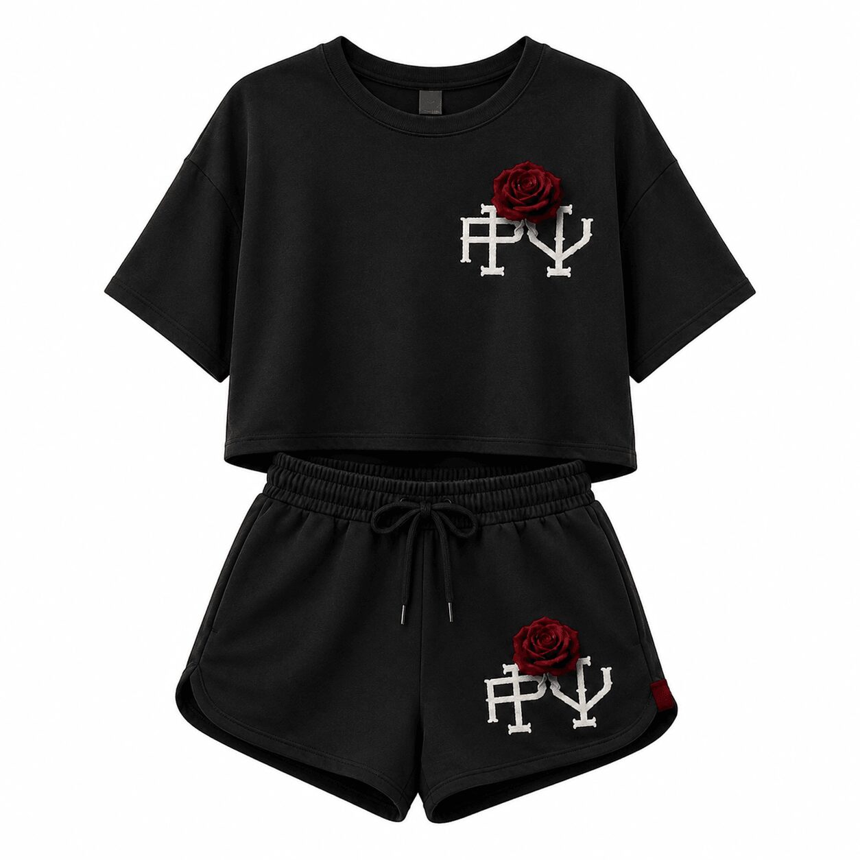 Black crop top and shorts set with red roses and white symbols on both pieces.