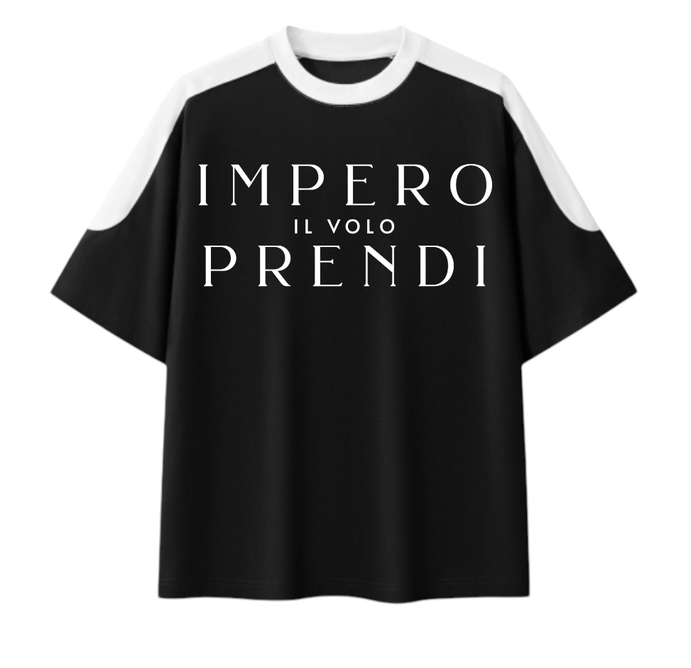 Black T-shirt with white text in Italian, reading 'IMPERO IL VOLO PRENDI', with a white collar and shoulder accents.